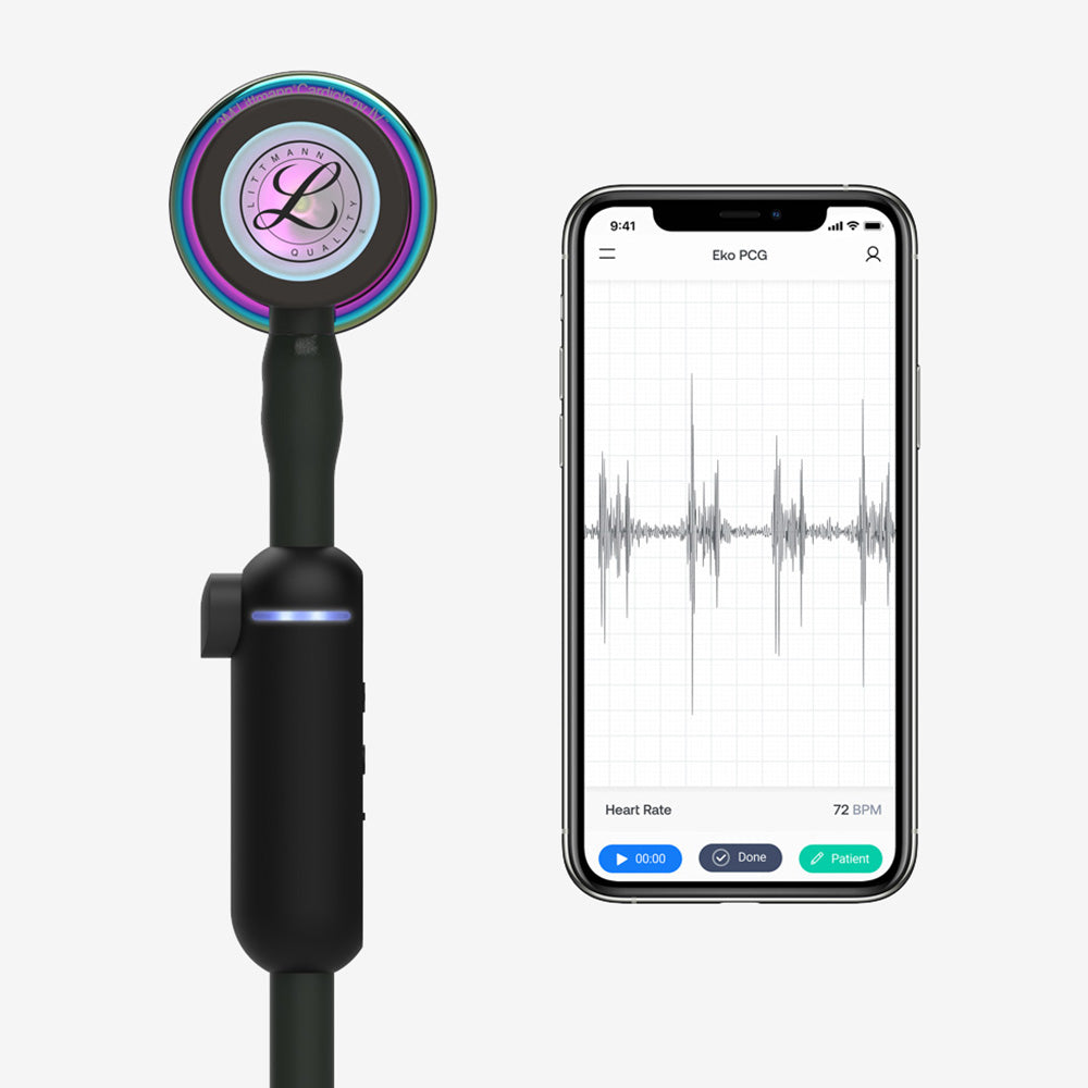 Stetoskop Littmann CORE digital svart med spegelblankt regnbågsfärgat bröststycke och svarta hörlurar