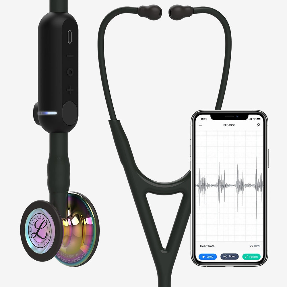 Stetoskop Littmann CORE digital svart med spegelblankt regnbågsfärgat bröststycke och svarta hörlurar